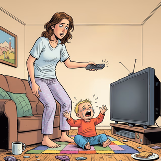 Rodzic trzyma pilot, podczas gdy dziecko protestuje po wyłączeniu telewizora.