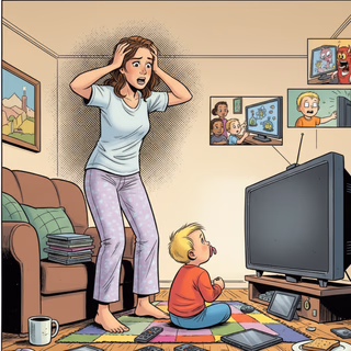 Mama zaskoczona tym, ile ekranów otacza jej dziecko w salonie.