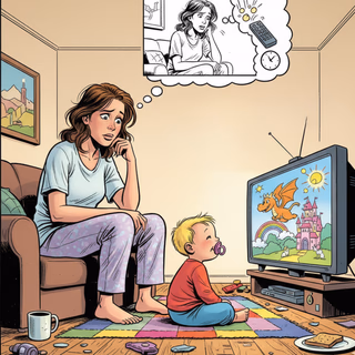 Mama siedzi obok dziecka oglądającego bajkę, myśląc o wyrzutach sumienia.