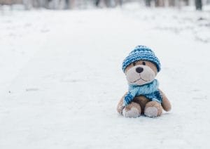 Pies z niebieską czapką i szalikiem na śniegu z niską samooceną