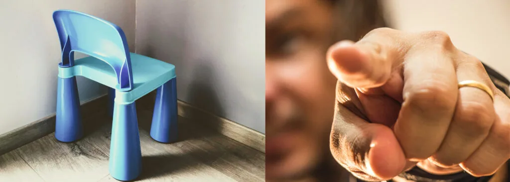 Krzesełko w kącie i palec wskazujący 'marsz tam' jako kary dla dzieci