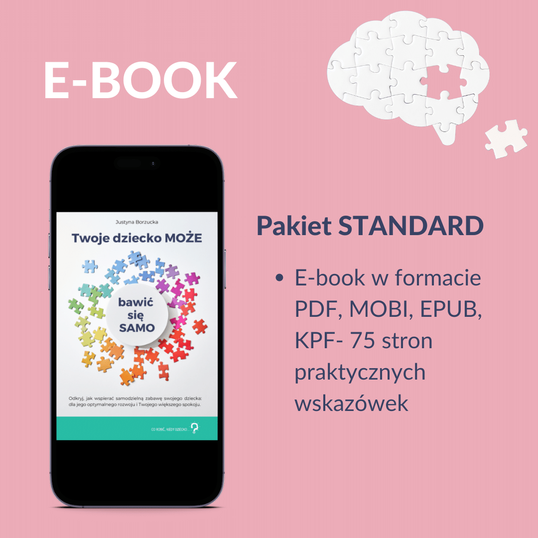 E-book na temat samodzielnej zabawy dziecka, pakiet STANDARD, z grafiką telefonu komórkowego i mózgu z puzzli.