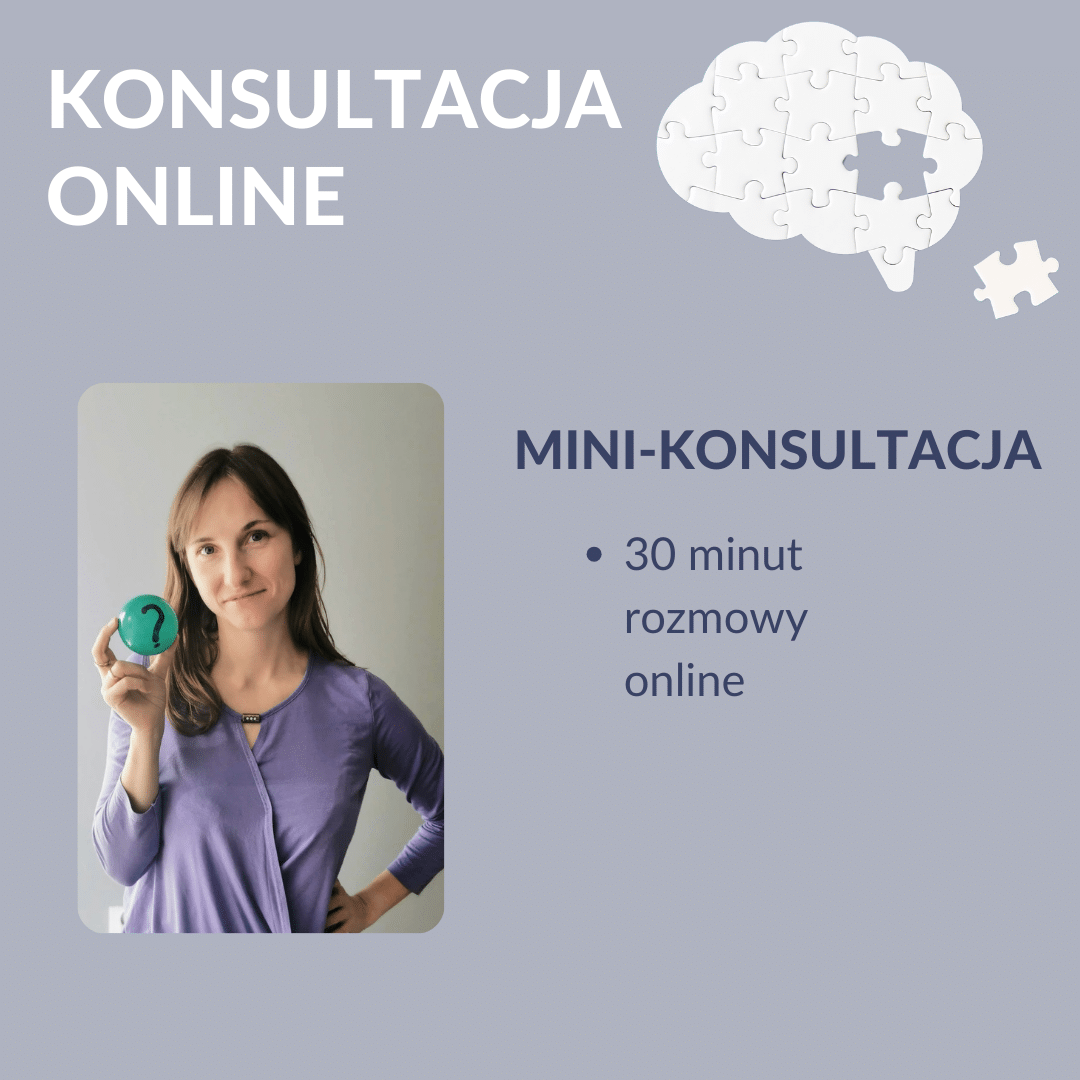 Justyna trzymająca kulkę z pytajnikiem, reklama 30-minutowej konsultacji online z grafiką mózgu z puzzli w tle.