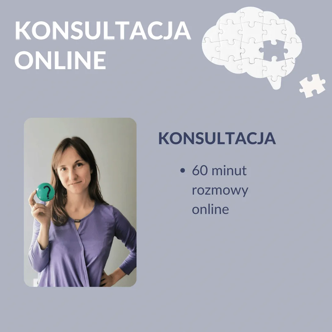 Reklama profesjonalnej konsultacji online z Justynątrzymającą kulkę z pytajnikiem, wskazującą 60 minut trwania sesji